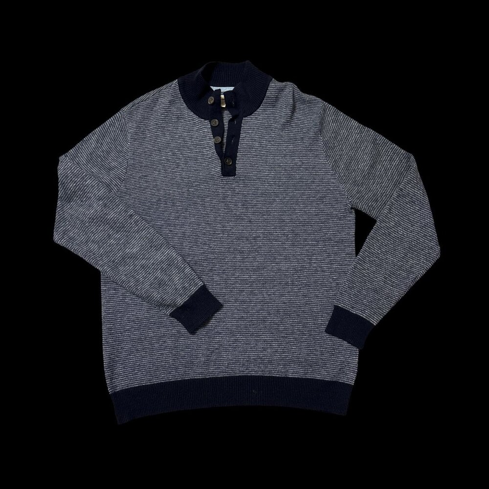 Hawker Rye Cotton Cashmere 1/4 button mens blue and white knit sweater size XL